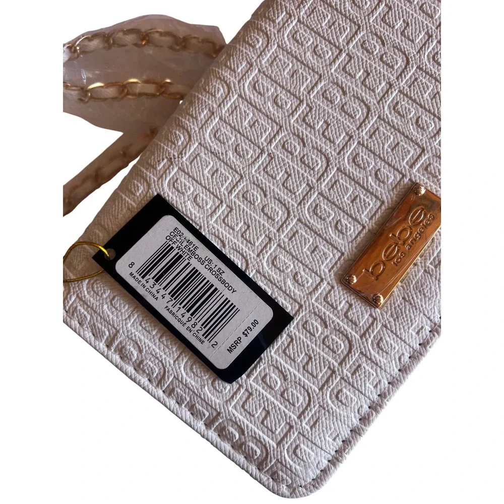 Bebe Los Angeles Crossbody Bag, Embossed Logo Pattern Chain Strap Off White‎ NWT